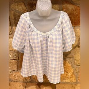 Universal Thread Airy Cotton Peasant Blouse Women’s XXL 2X White Blue Button Up